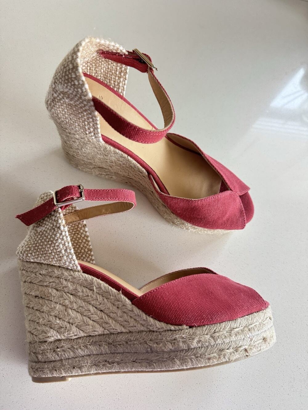 Castañer Sandals Bianca Canvas Wedge Espadrilles Size 38 Peep Toes Coral Pink